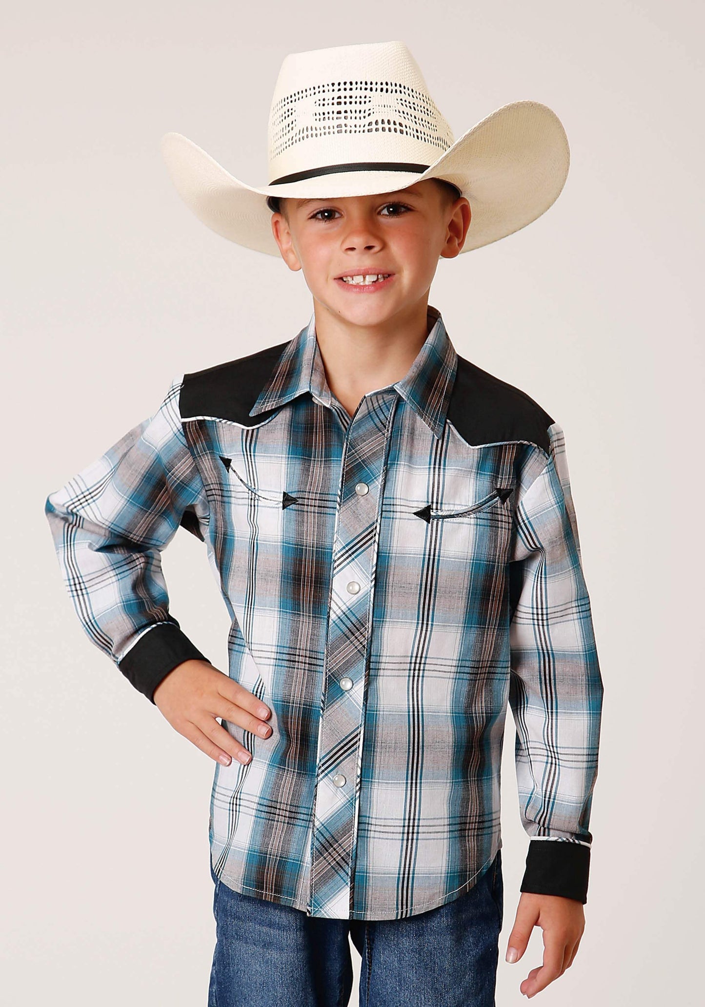 Roper Boys Long Sleeve Snap Peacock Blue Brown Black White Plaid Western Shirt - Roper - Flyclothing LLC