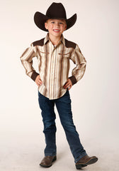 Roper Boys Long Sleeve Snap Brown And Cream Ombre Stripe Western Shirt