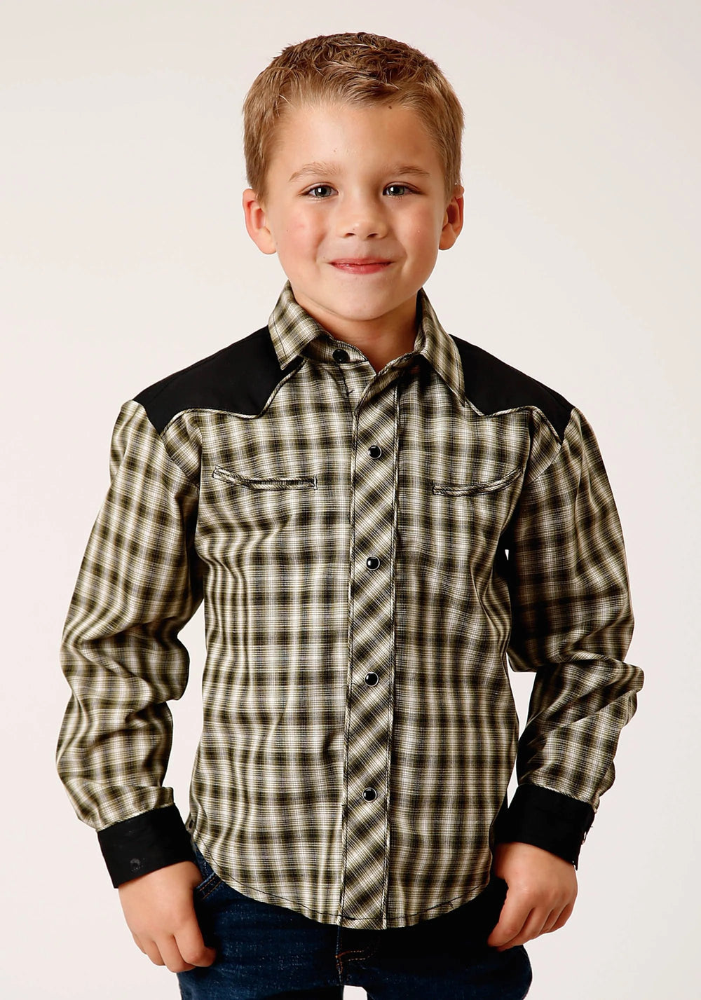 Roper Boys Long Sleeve Snap Olive Black Cream Windowpane Plaid Western Shirt - Roper