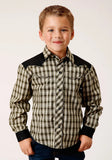 Roper Boys Long Sleeve Snap Olive Black Cream Windowpane Plaid Western Shirt - Roper