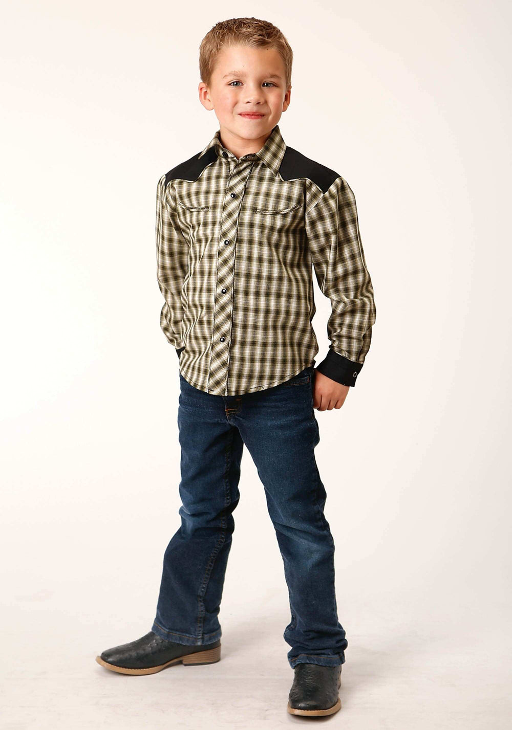 Roper Boys Long Sleeve Snap Olive Black Cream Windowpane Plaid Western Shirt - Roper - Flyclothing LLC