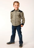 Roper Boys Long Sleeve Snap Olive Black Cream Windowpane Plaid Western Shirt - Roper