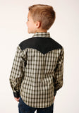 Roper Boys Long Sleeve Snap Olive Black Cream Windowpane Plaid Western Shirt - Roper