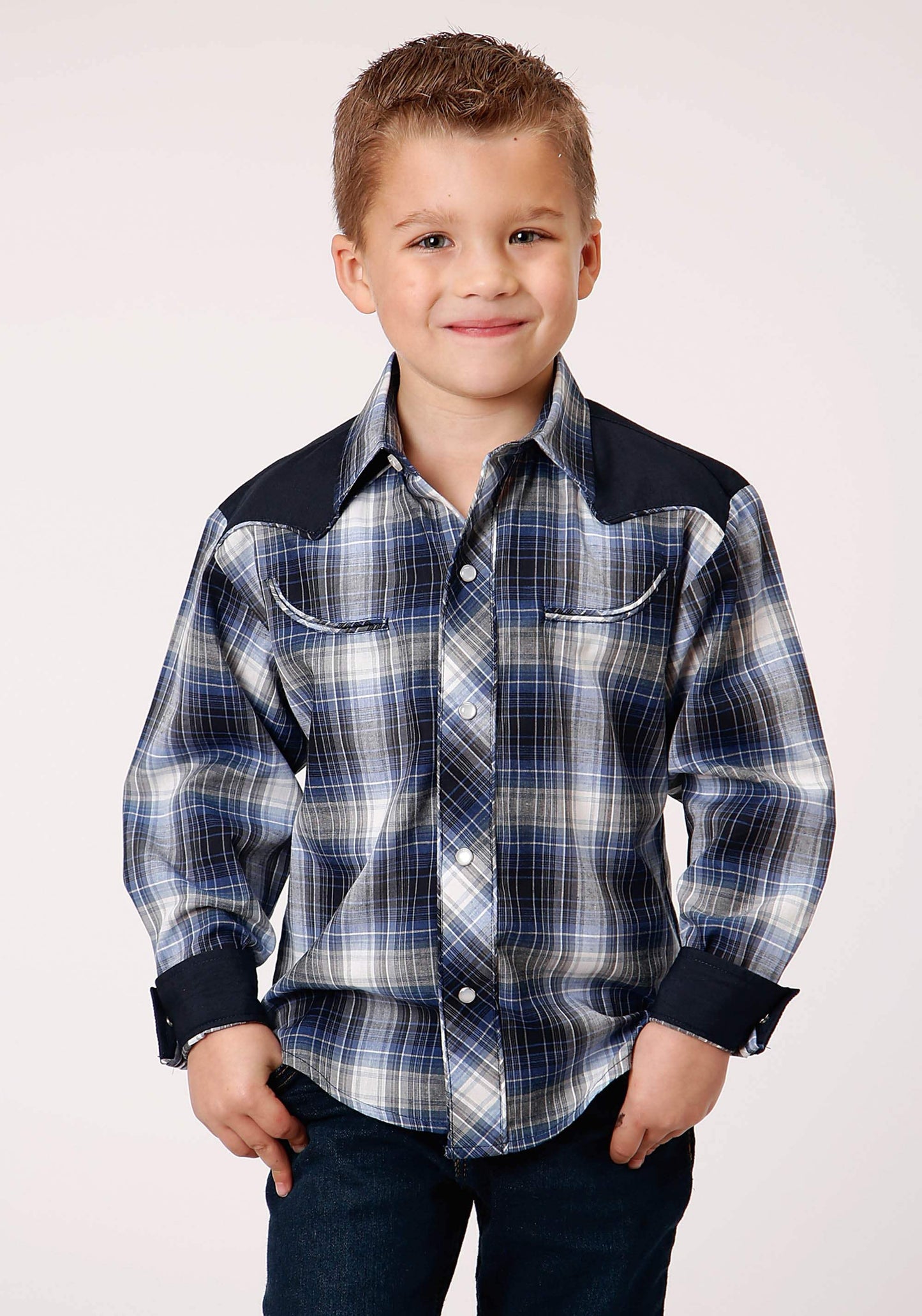 Roper Boys Long Sleeve Snap Navy Royal And White Plaid Western Shirt - Roper - Flyclothing LLC