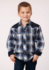 Roper Boys Long Sleeve Snap Navy Royal And White Plaid Western Shirt - Roper - Flyclothing LLC