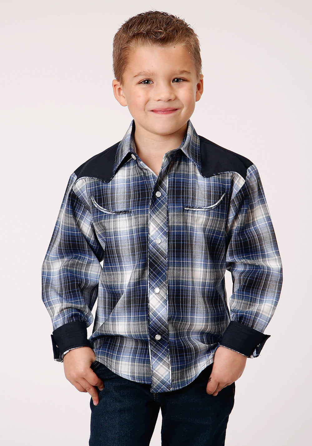 Roper Boys Long Sleeve Snap Navy Royal And White Plaid Western Shirt - Roper