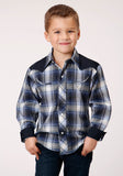 Roper Boys Long Sleeve Snap Navy Royal And White Plaid Western Shirt - Roper