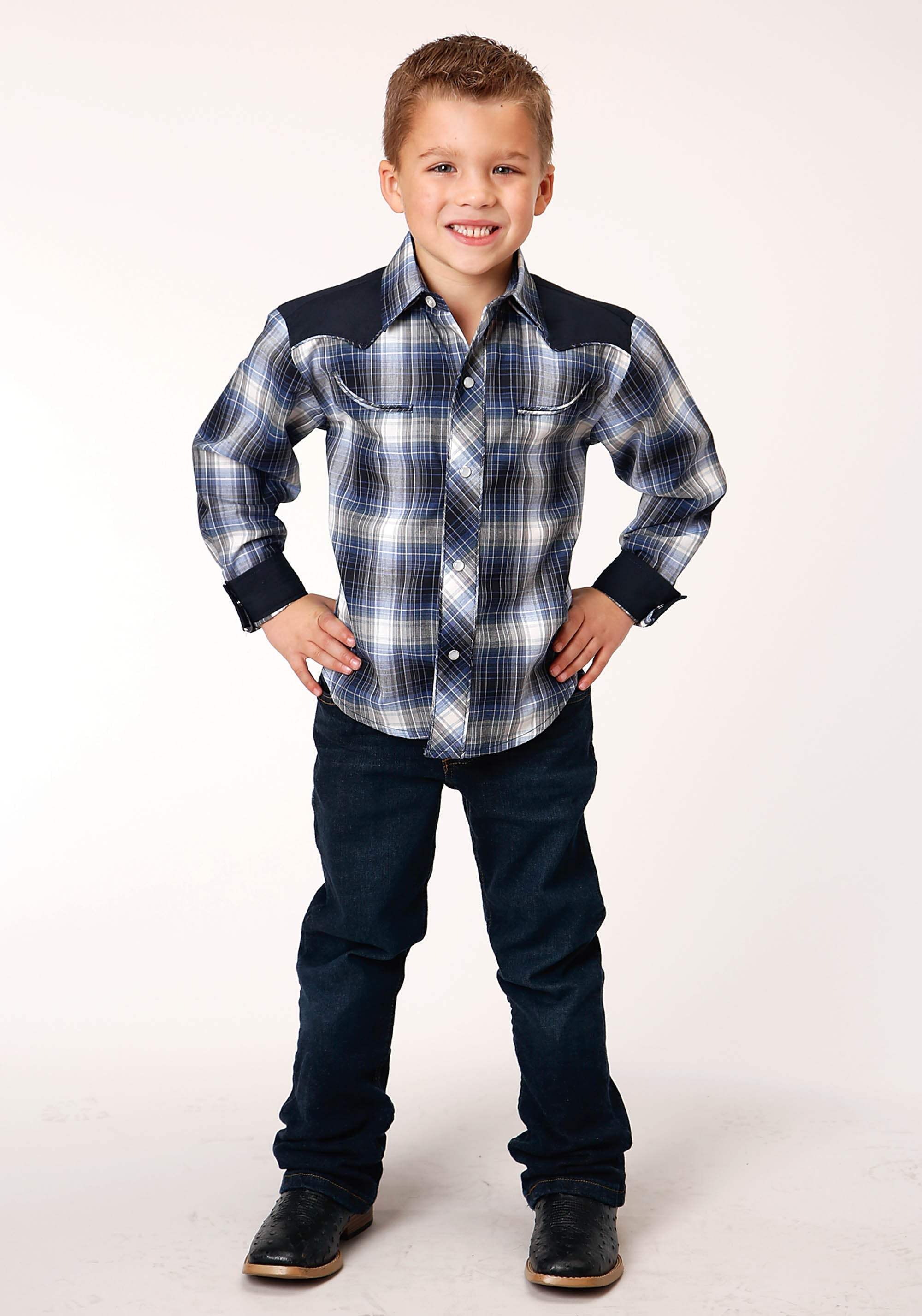 Roper Boys Long Sleeve Snap Navy Royal And White Plaid Western Shirt - Roper - Flyclothing LLC