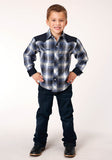 Roper Boys Long Sleeve Snap Navy Royal And White Plaid Western Shirt - Roper