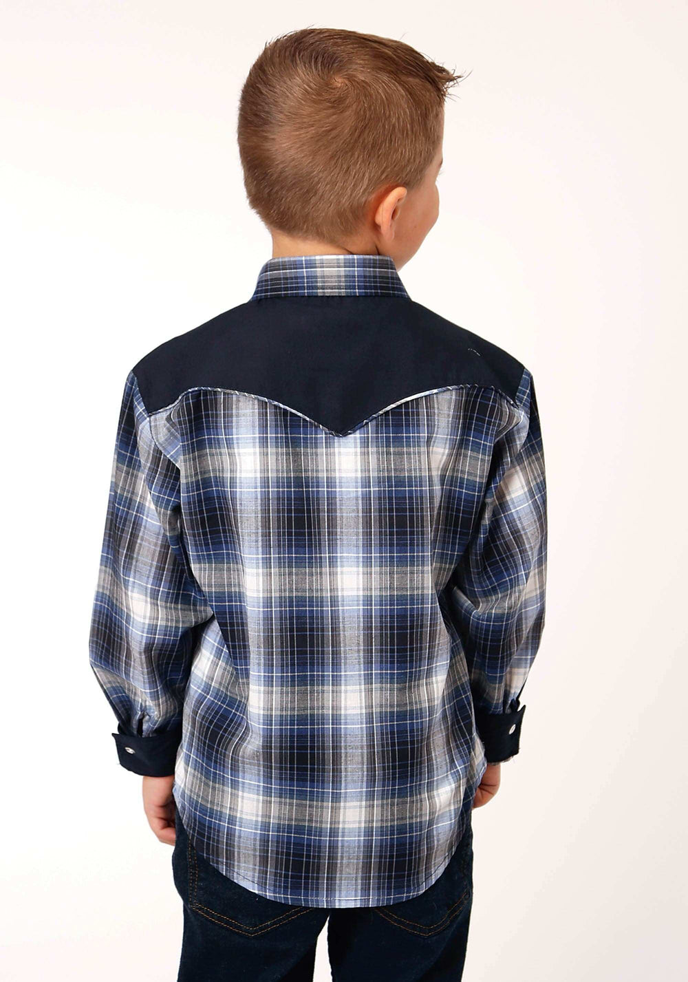 Roper Boys Long Sleeve Snap Navy Royal And White Plaid Western Shirt - Roper - Flyclothing LLC