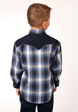 Roper Boys Long Sleeve Snap Navy Royal And White Plaid Western Shirt - Roper