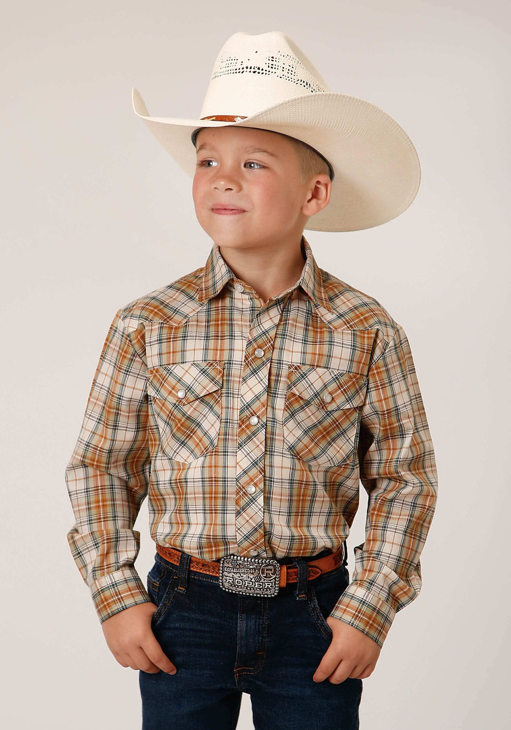 Roper Boys Long Sleeve Snap Khaki Forest Green Cream Plaid Western Shirt - Roper - Flyclothing LLC