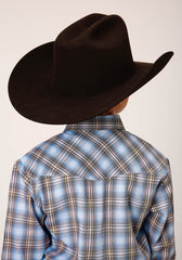 Roper Boys Long Sleeve Snap Light Blue Chocolate White Plaid Western Shirt