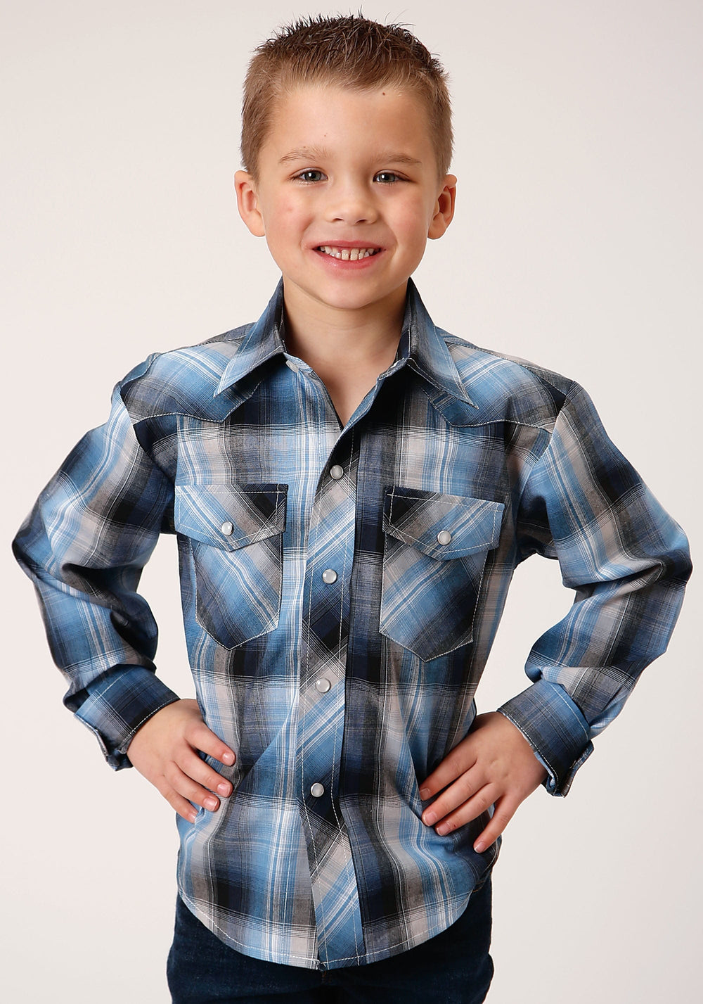 Roper Boys Long Sleeve Snap Light Blue And Navy Plaid Western Shirt - Roper