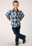 Roper Boys Long Sleeve Snap Light Blue And Navy Plaid Western Shirt - Roper