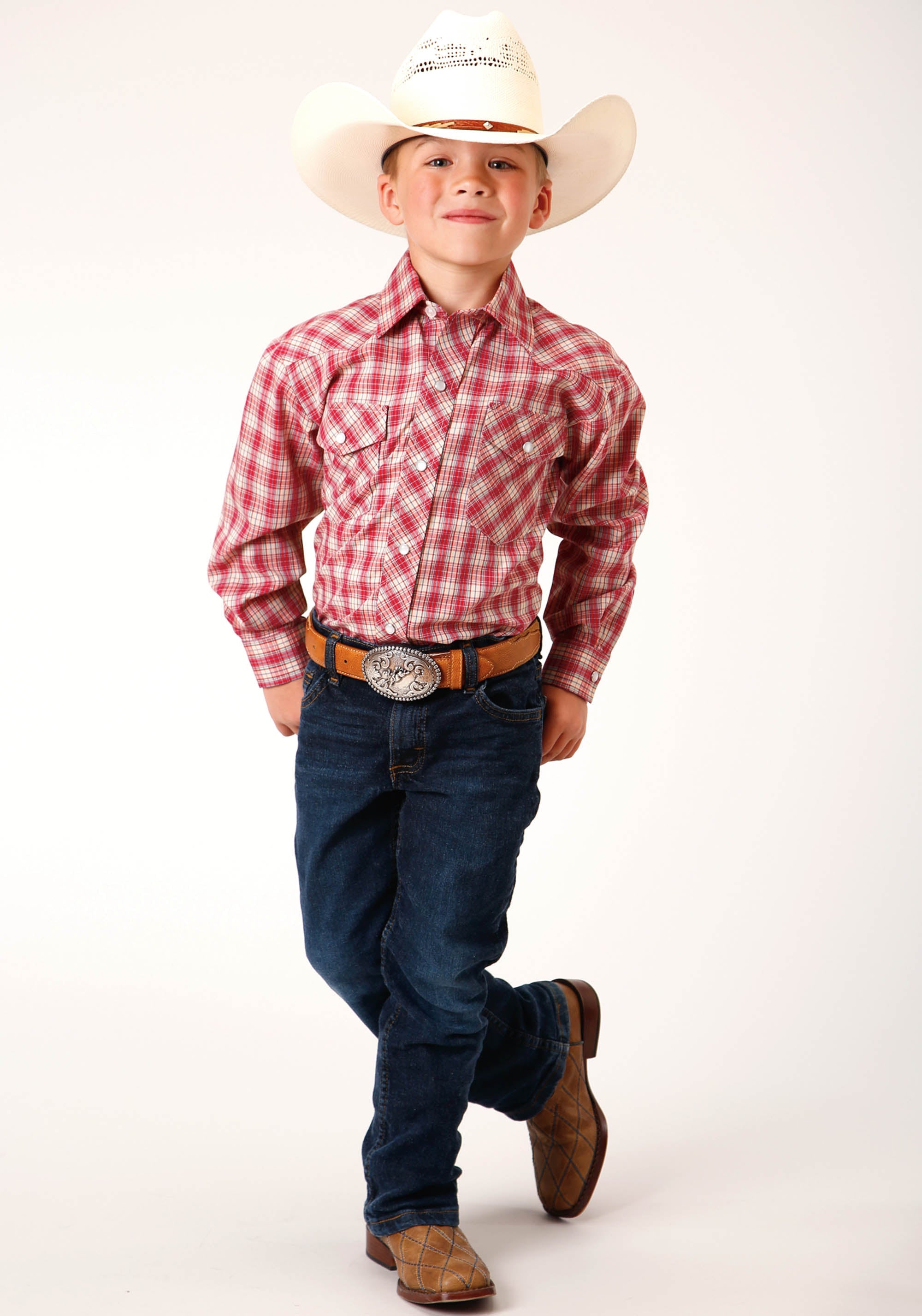 Roper Boys Long Sleeve Snap Red And Multi Colored Small Scale Western Shirt