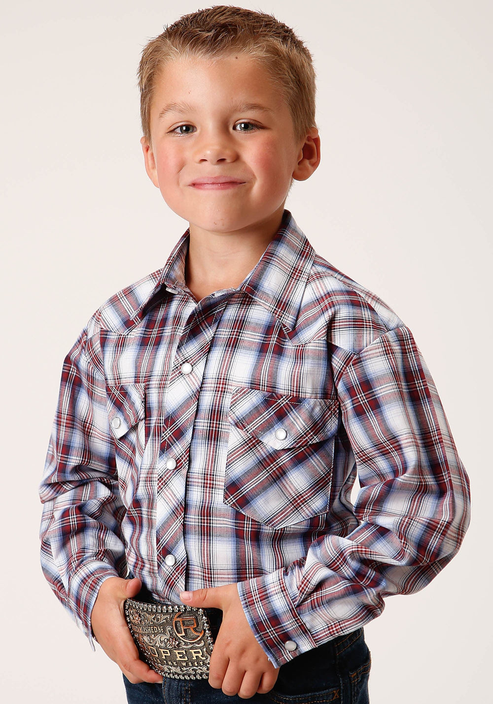 Roper Boys Long Sleeve Snap Wine Navy White Plaid Western Shirt - Roper