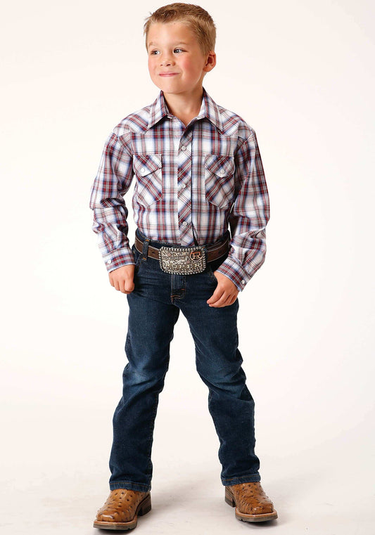 Roper Boys Long Sleeve Snap Wine Navy White Plaid Western Shirt - Roper - Flyclothing LLC