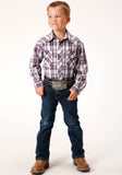 Roper Boys Long Sleeve Snap Wine Navy White Plaid Western Shirt - Roper