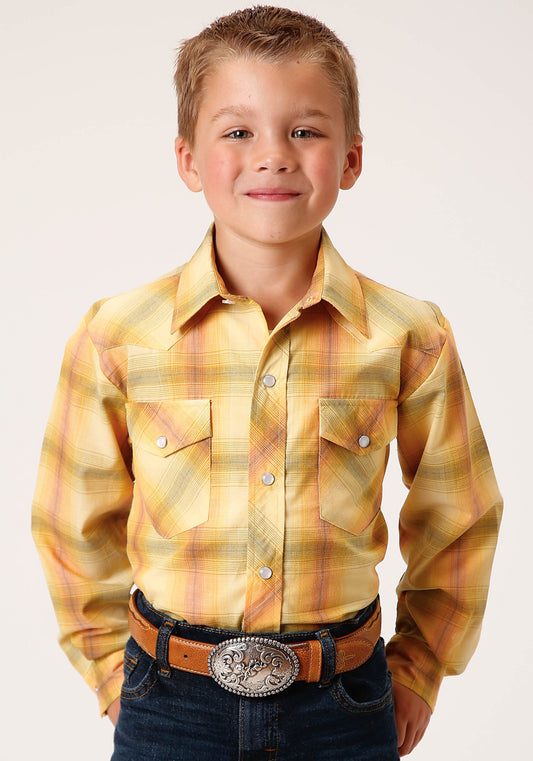 Roper Boys Long Sleeve Snap Yellow And Tangerine Plaid Western Shirt
