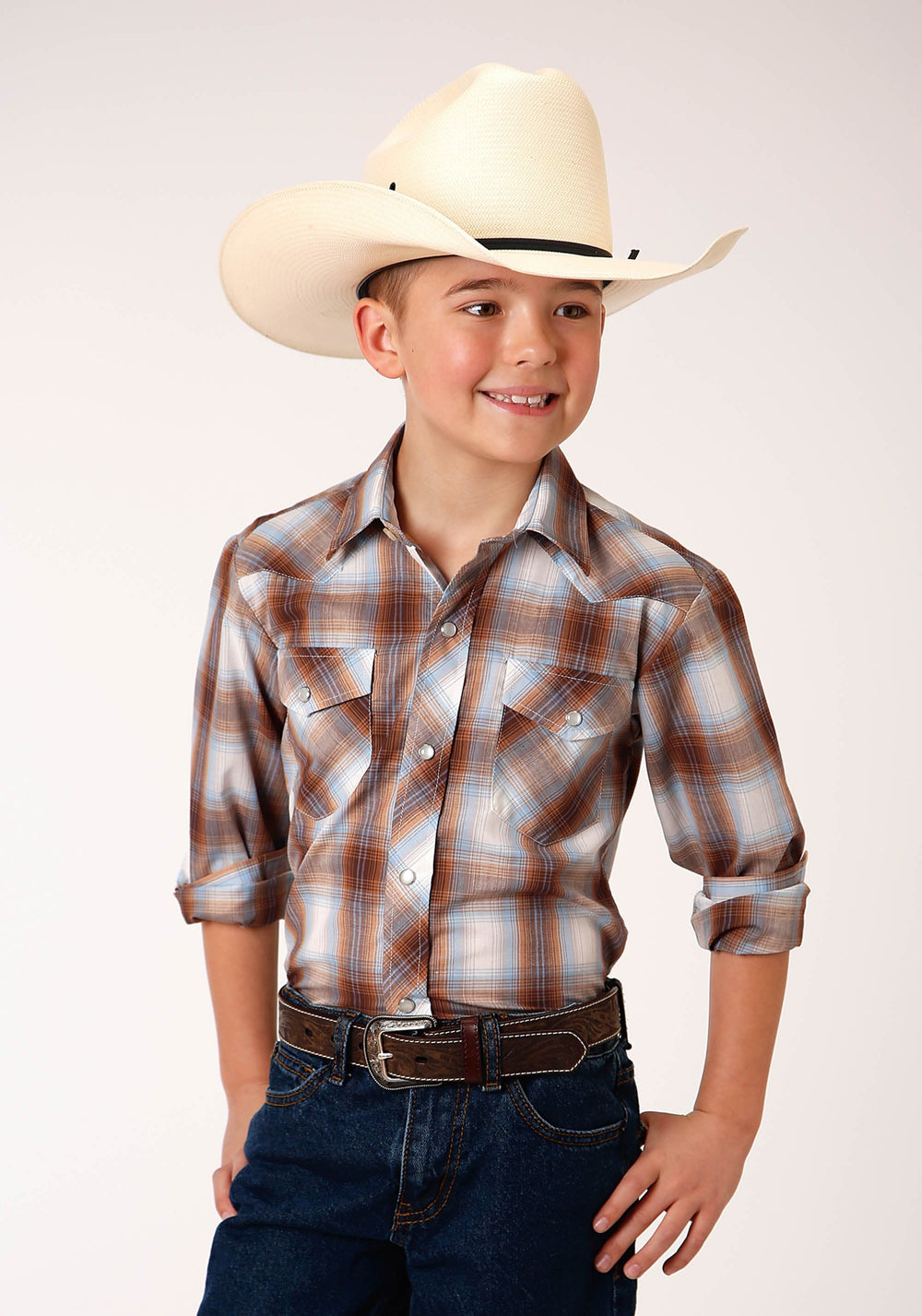 Roper Boys Long Sleeve Snap Butterscotch Light Blue And Cream Plaid Western Shirt - Roper
