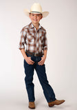 Roper Boys Long Sleeve Snap Butterscotch Light Blue And Cream Plaid Western Shirt - Roper