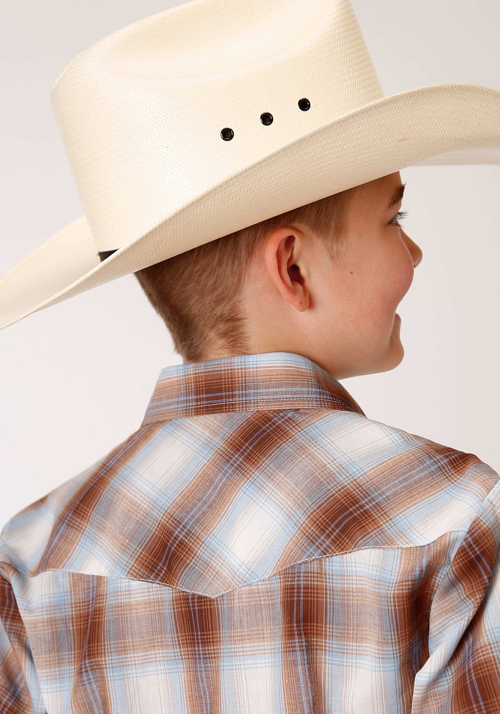 Roper Boys Long Sleeve Snap Butterscotch Light Blue And Cream Plaid Western Shirt - Roper - Flyclothing LLC
