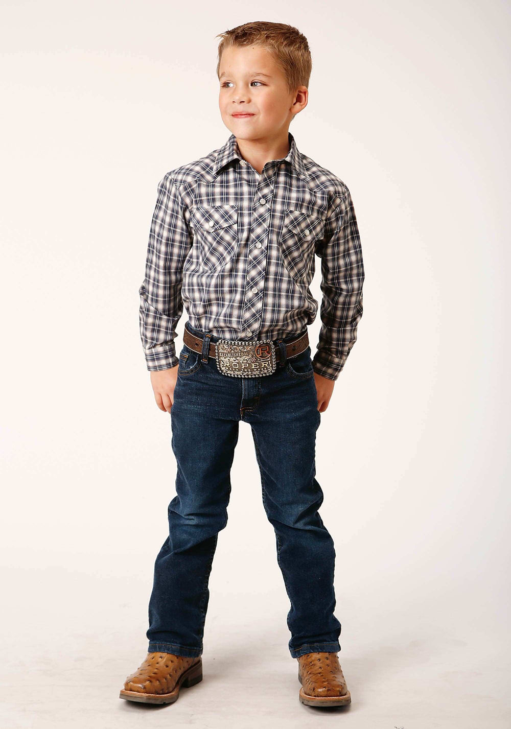 Roper Boys Long Sleeve Snap Navy Cream Tan Small Scale Plaid Western Shirt - Roper - Flyclothing LLC
