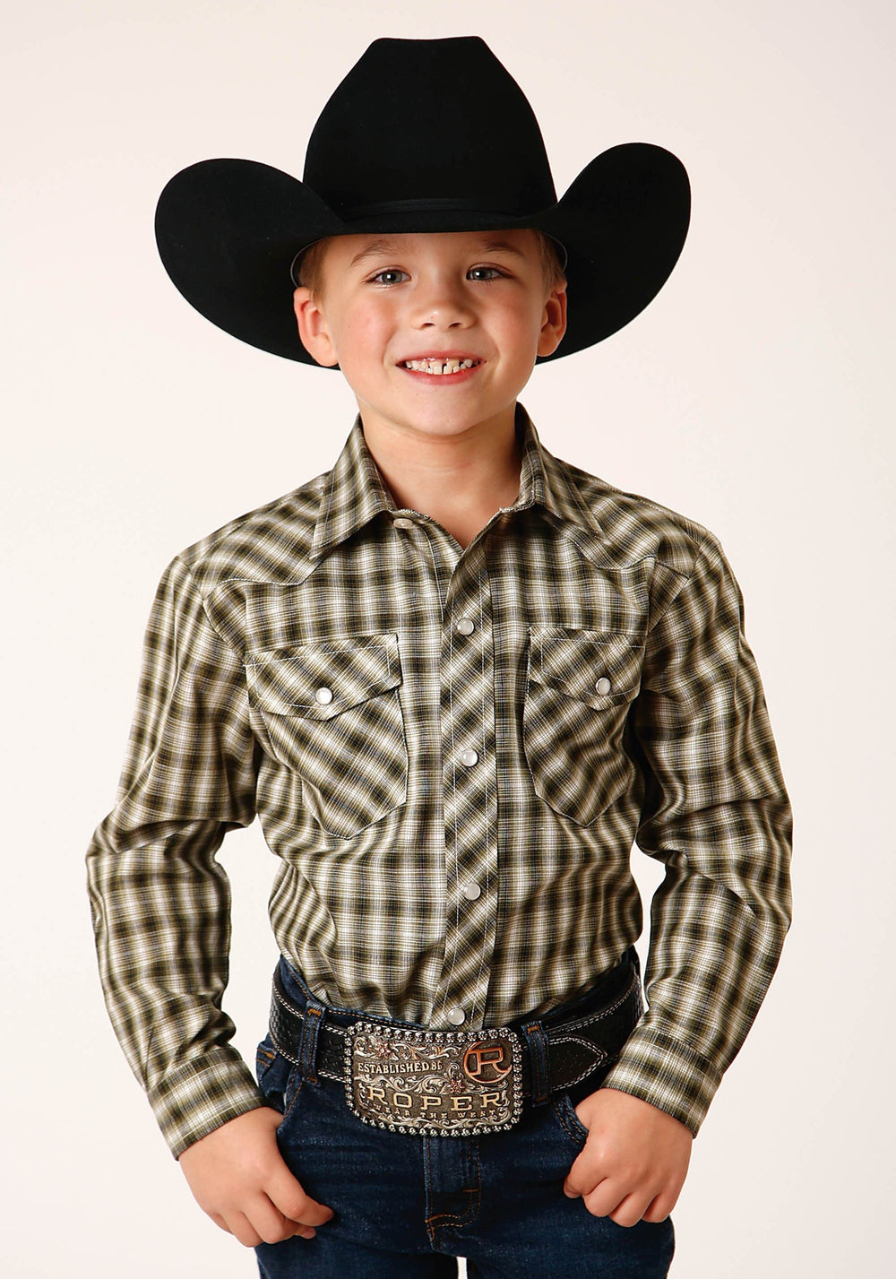 Roper Boys Long Sleeve Snap Olive Black Cream Plaid Western Shirt - Roper