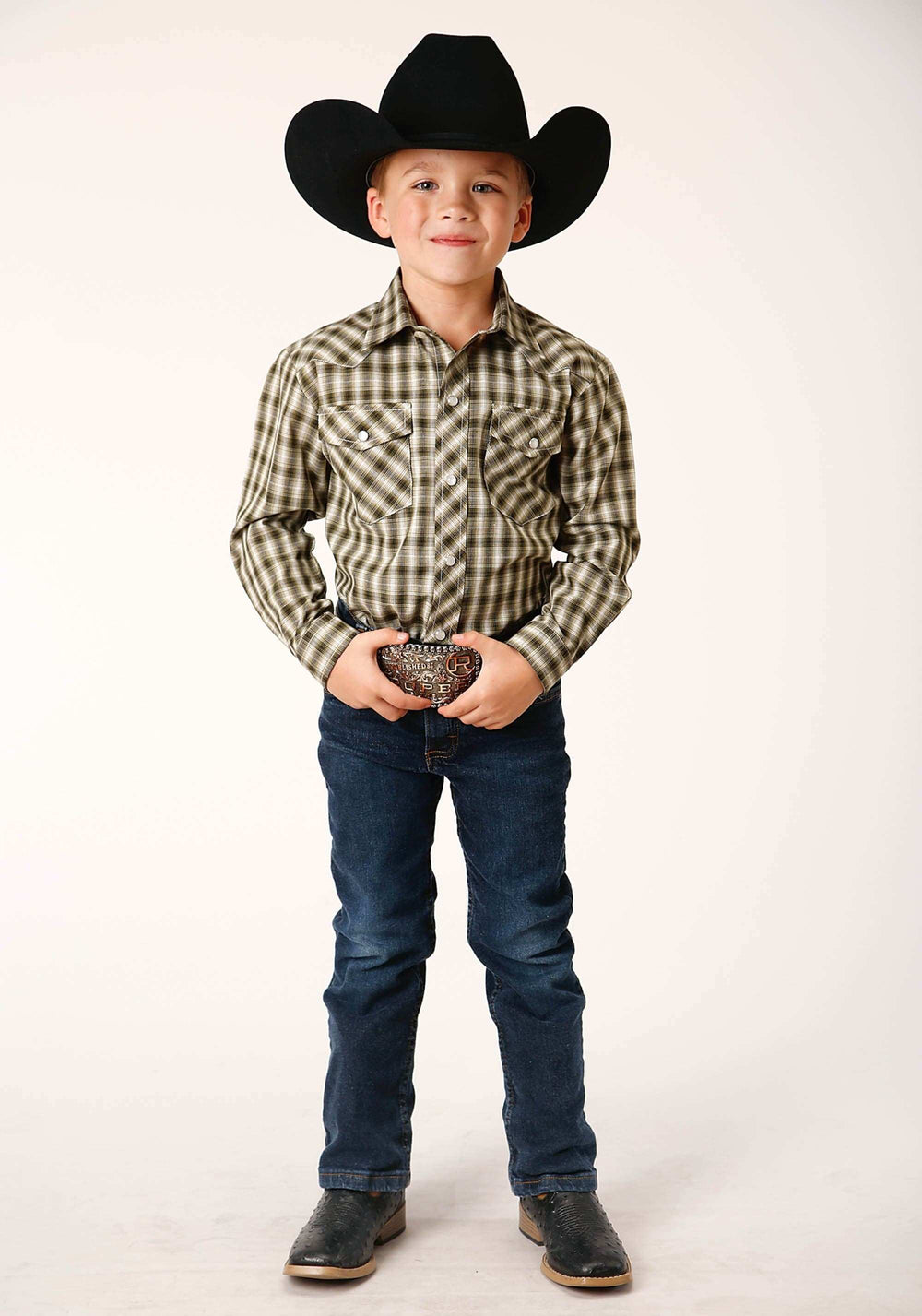 Roper Boys Long Sleeve Snap Olive Black Cream Plaid Western Shirt - Roper - Flyclothing LLC