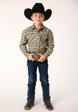 Roper Boys Long Sleeve Snap Olive Black Cream Plaid Western Shirt - Roper