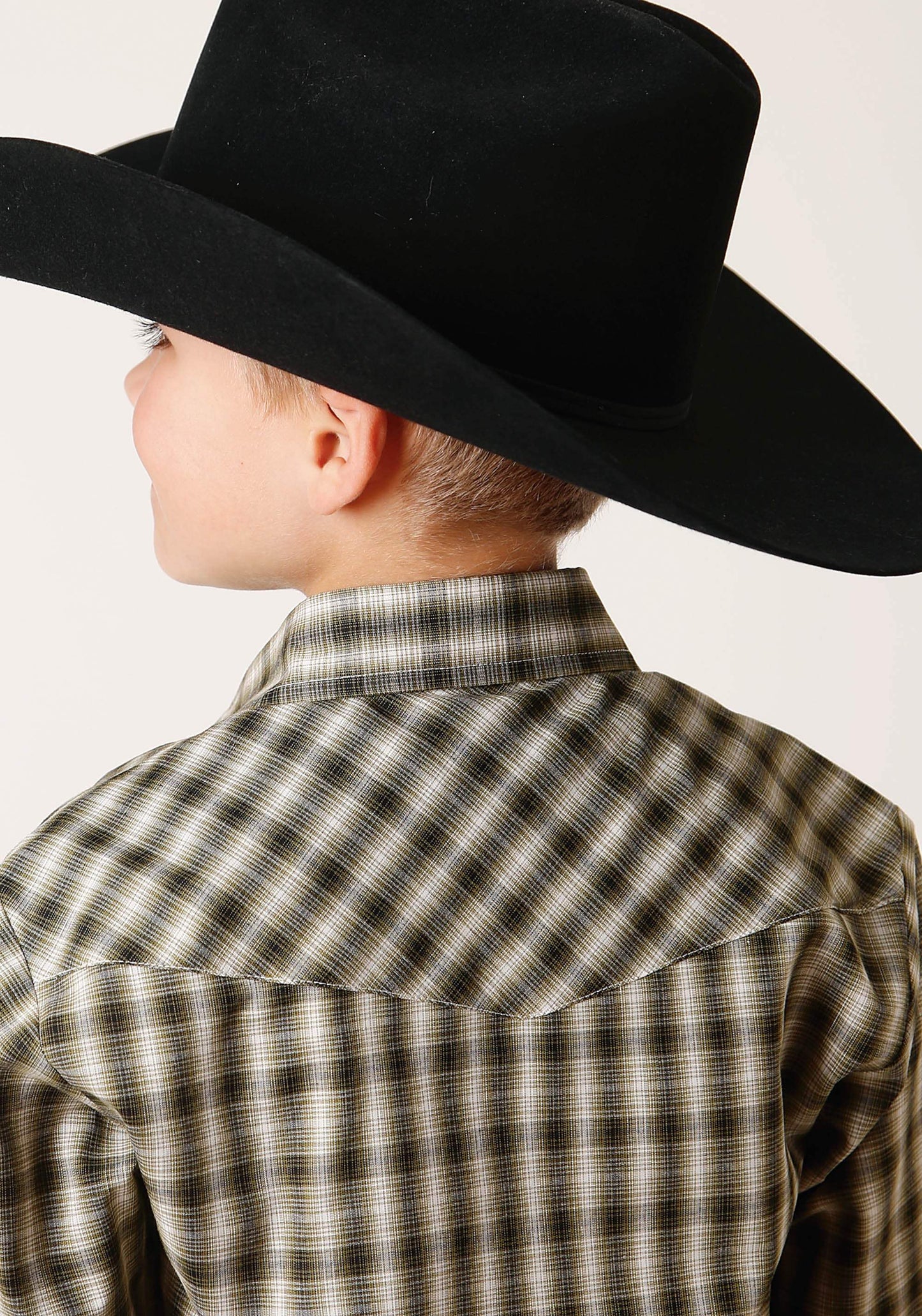 Roper Boys Long Sleeve Snap Olive Black Cream Plaid Western Shirt - Roper - Flyclothing LLC