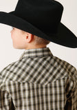 Roper Boys Long Sleeve Snap Olive Black Cream Plaid Western Shirt - Roper