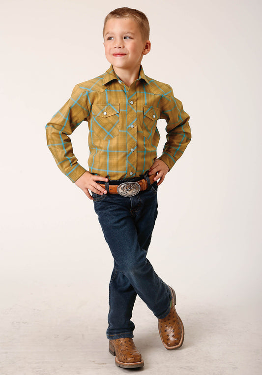 Roper Boys Long Sleeve Snap Butterscotch Turquoise Plaid Western Shirt