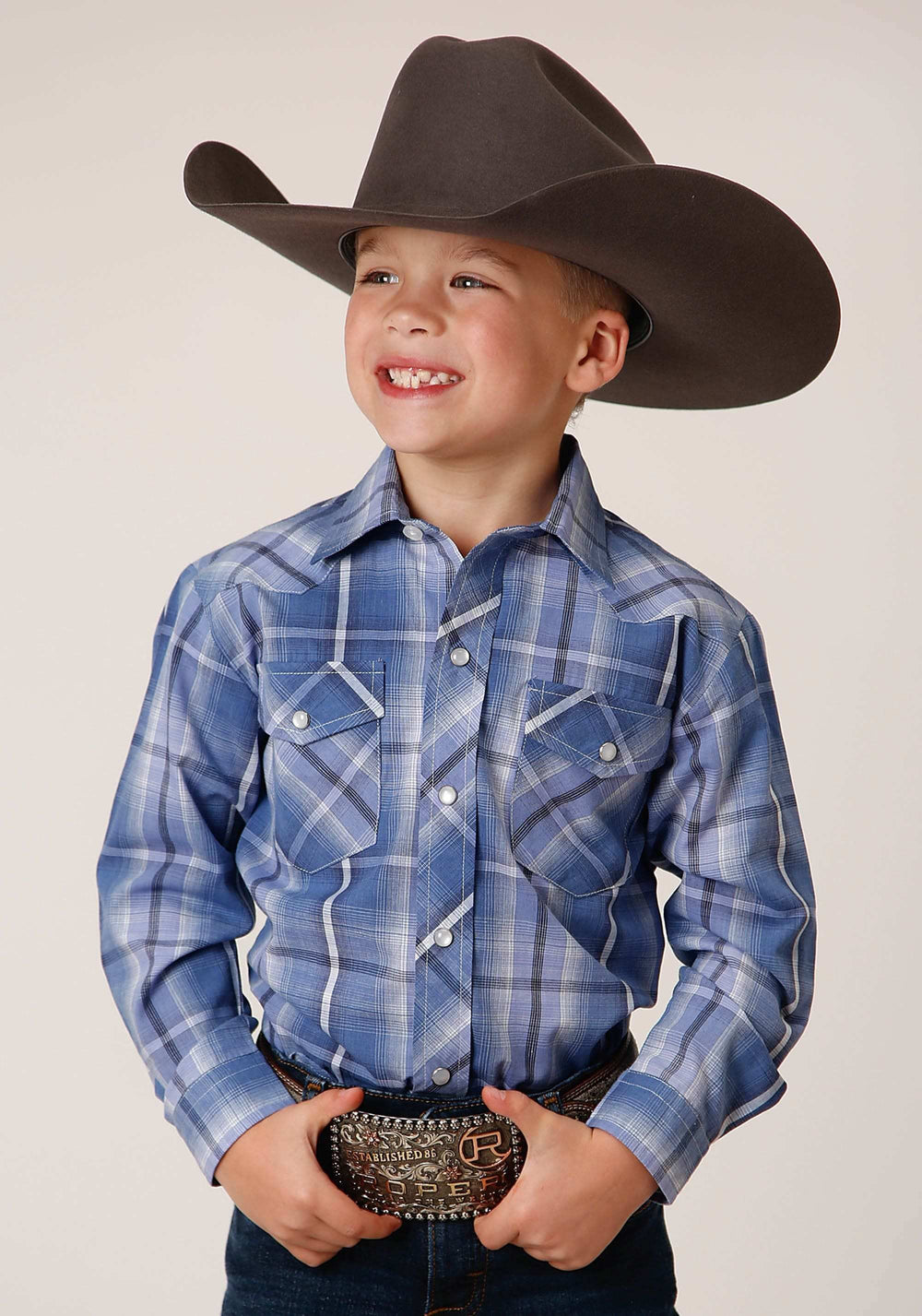 Roper Boys Long Sleeve Snap Blue White Navy Plaid Western Shirt - Roper - Flyclothing LLC