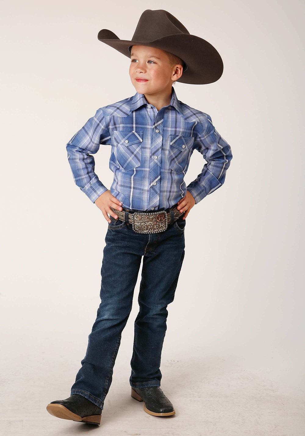 Roper Boys Long Sleeve Snap Blue White Navy Plaid Western Shirt - Roper - Flyclothing LLC