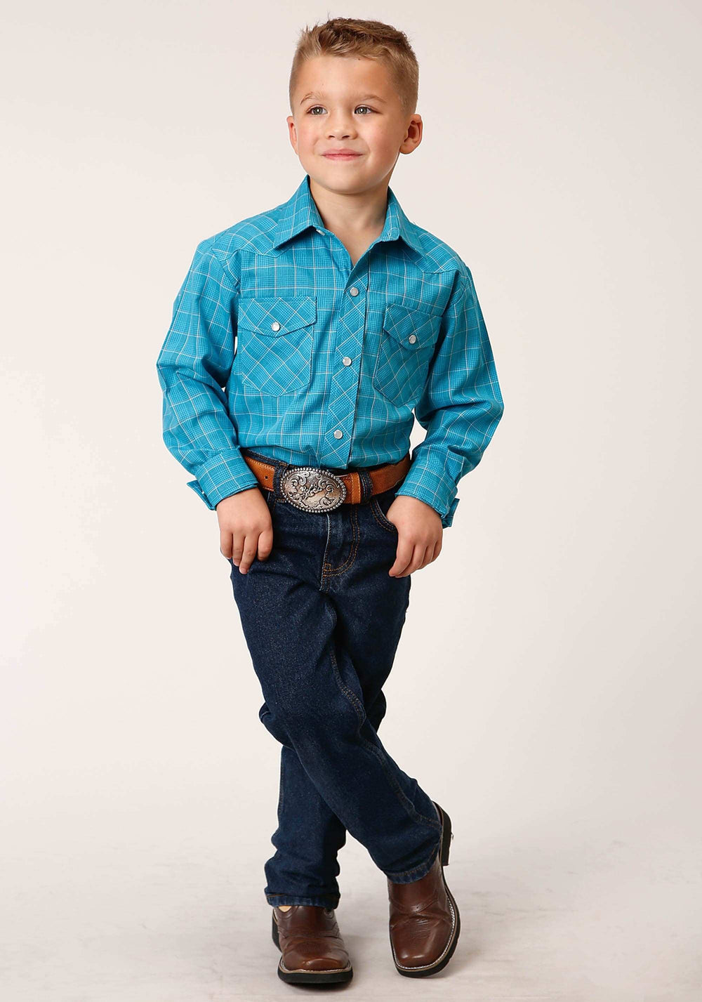 Roper Boys Long Sleeve Snap Turquoise Black And Orange Windowpane Plaid Western Shirt - Roper - Flyclothing LLC