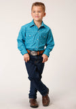Roper Boys Long Sleeve Snap Turquoise Black And Orange Windowpane Plaid Western Shirt - Roper