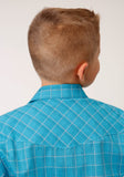 Roper Boys Long Sleeve Snap Turquoise Black And Orange Windowpane Plaid Western Shirt - Roper