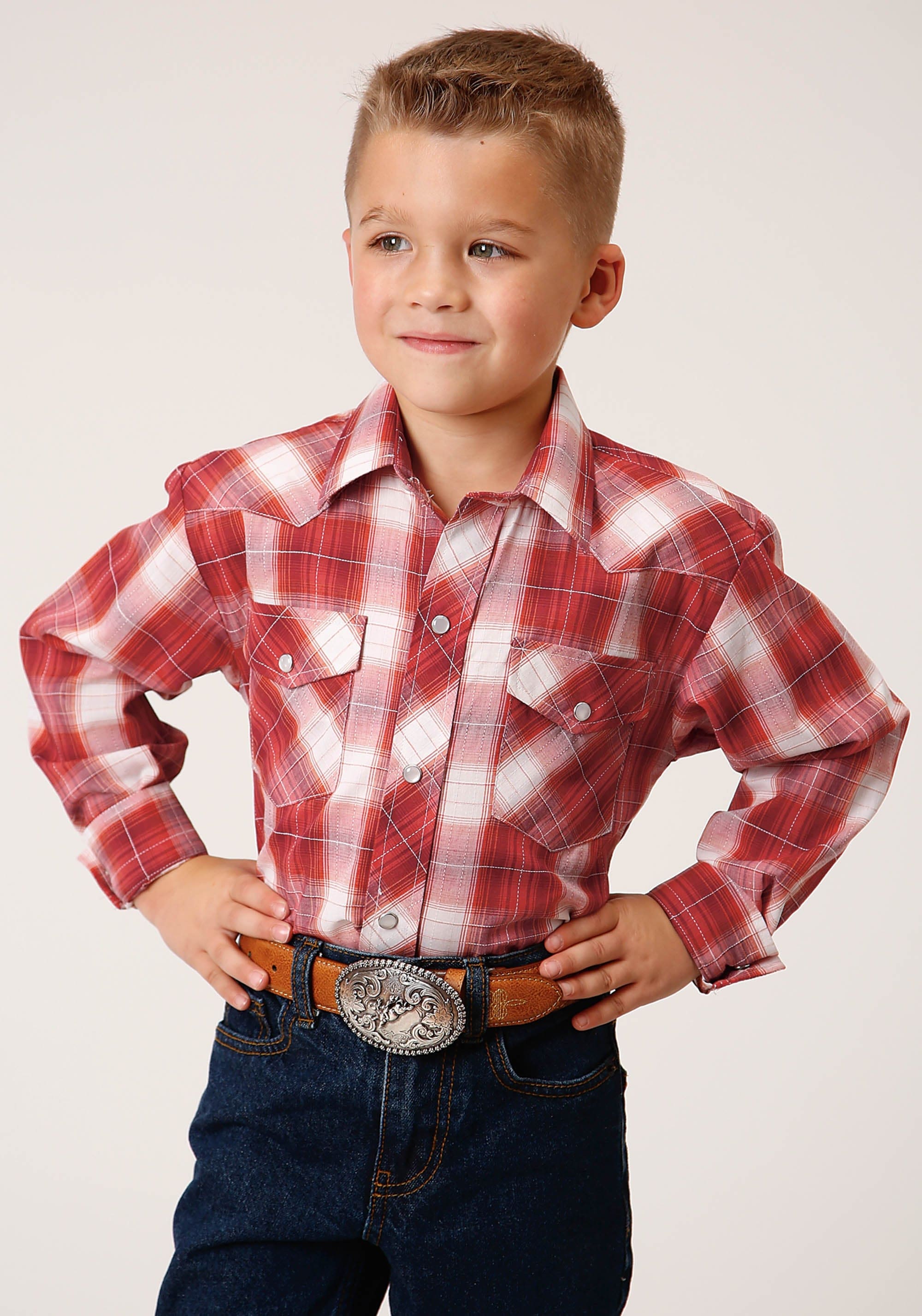 Roper Boys Long Sleeve Snap Orange Red And White Window Pane Western Shirt - Roper