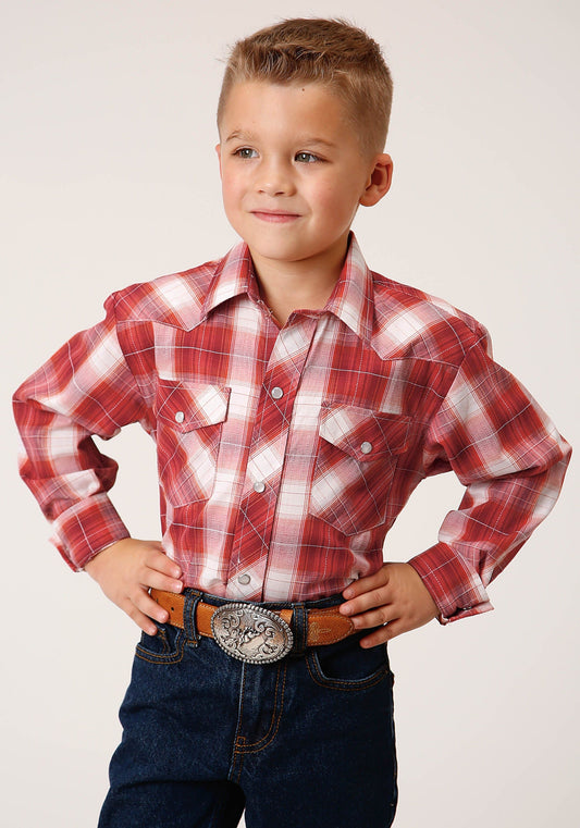 Roper Boys Long Sleeve Snap Orange Red And White Window Pane Western Shirt - Roper