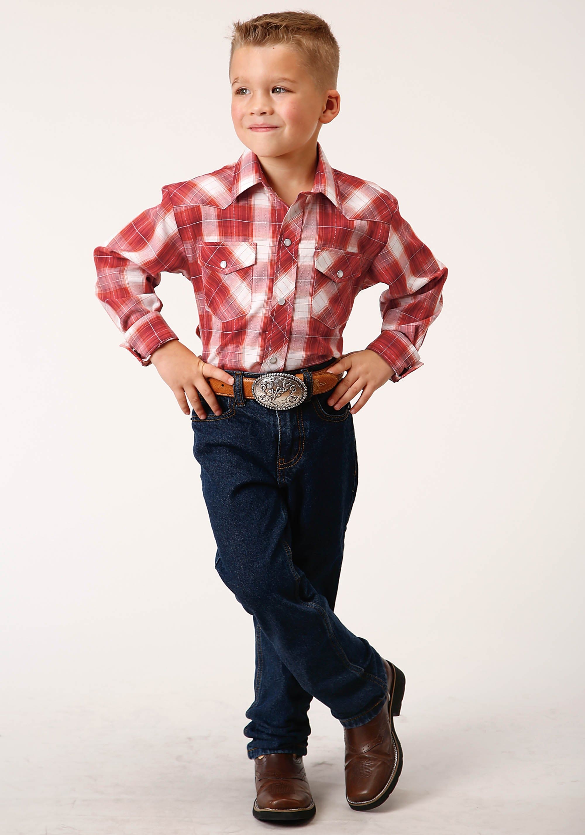 Roper Boys Long Sleeve Snap Orange Red And White Window Pane Western Shirt - Roper