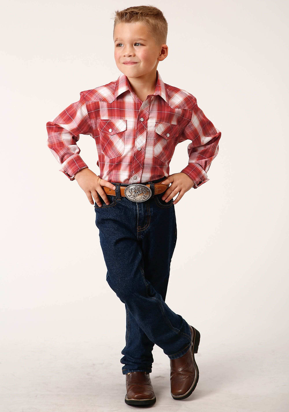 Roper Boys Long Sleeve Snap Orange Red And White Window Pane Western Shirt - Roper - Flyclothing LLC