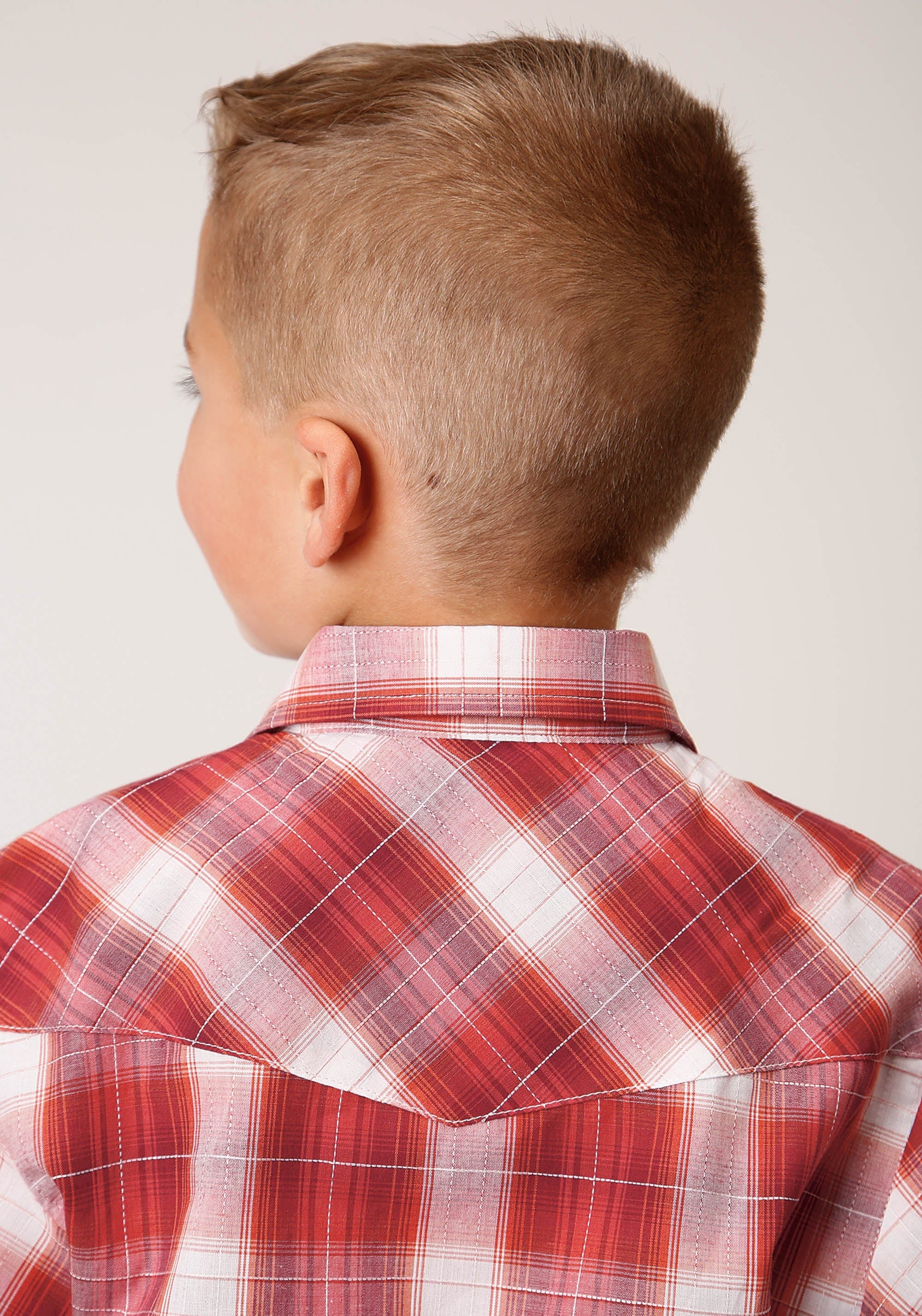 Roper Boys Long Sleeve Snap Orange Red And White Window Pane Western Shirt - Roper
