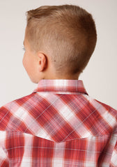 Roper Boys Long Sleeve Snap Orange Red And White Window Pane Western Shirt
