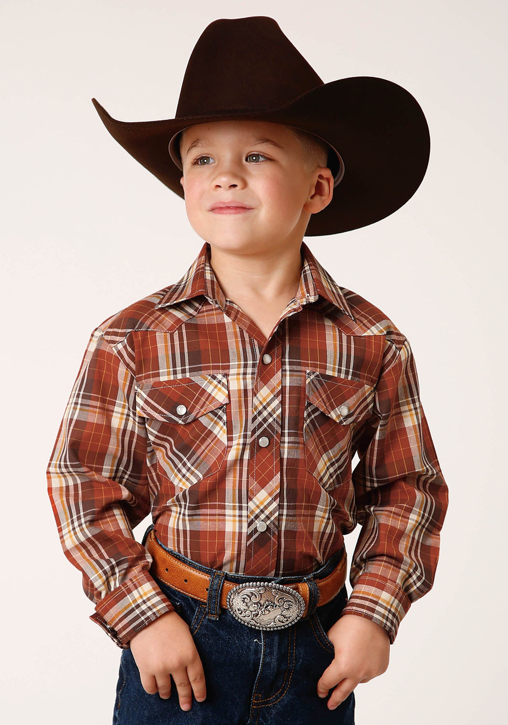Roper Boys Long Sleeve Snap Rust Brown And Cream Plaid Western Shirt - Roper