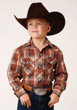 Roper Boys Long Sleeve Snap Rust Brown And Cream Plaid Western Shirt - Roper