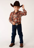 Roper Boys Long Sleeve Snap Rust Brown And Cream Plaid Western Shirt - Roper