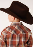 Roper Boys Long Sleeve Snap Rust Brown And Cream Plaid Western Shirt - Roper