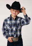 Roper Boys Long Sleeve Snap Navy Royal And White Plaid Western Shirt - Roper